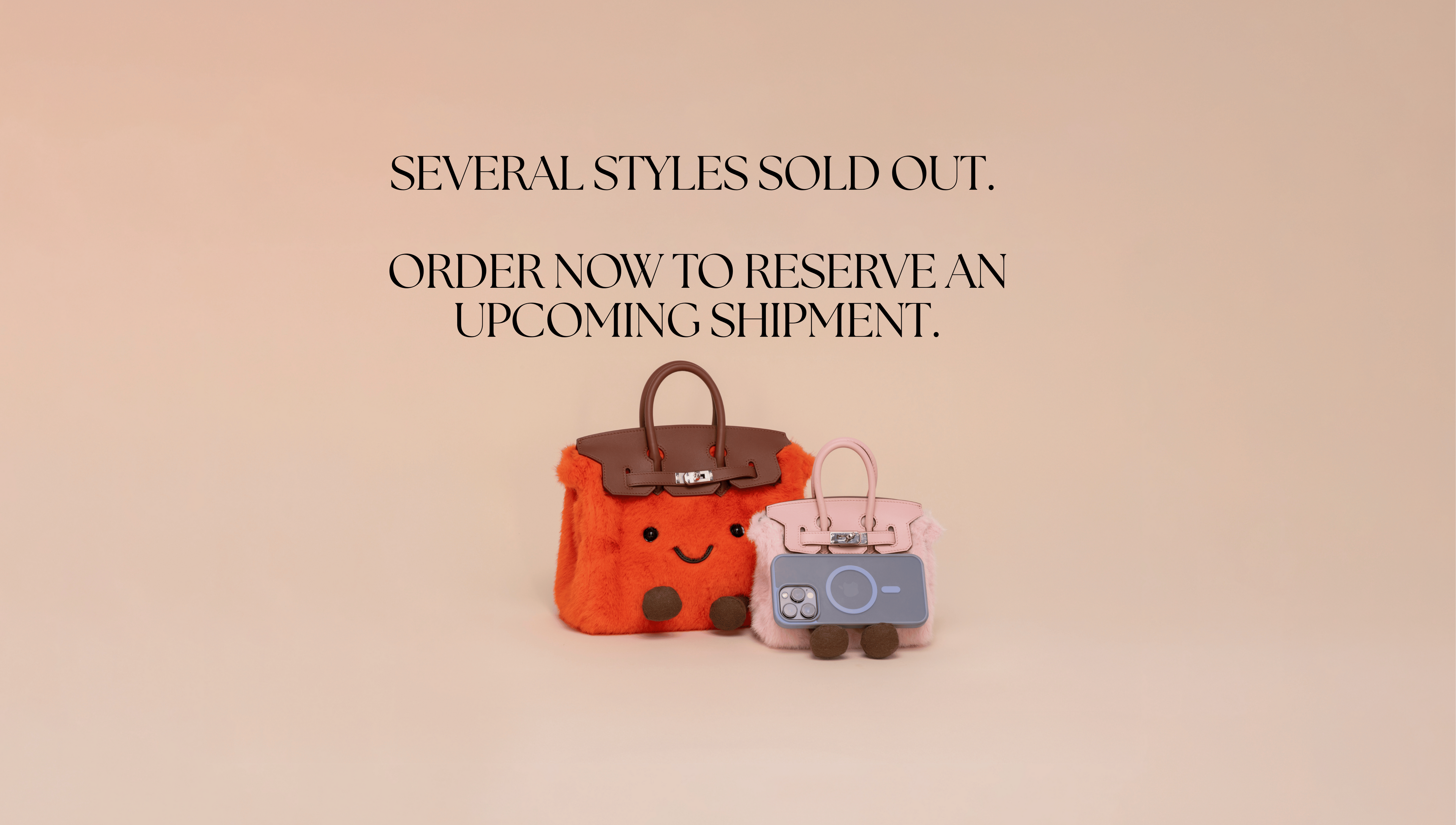 Two small bags with faces on a beige background, with text indicating styles are sold out.