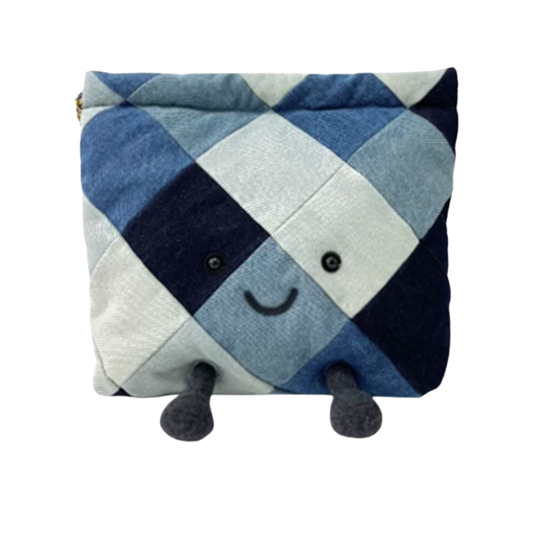 Patchwork-style pouch with a smiling face on a white background