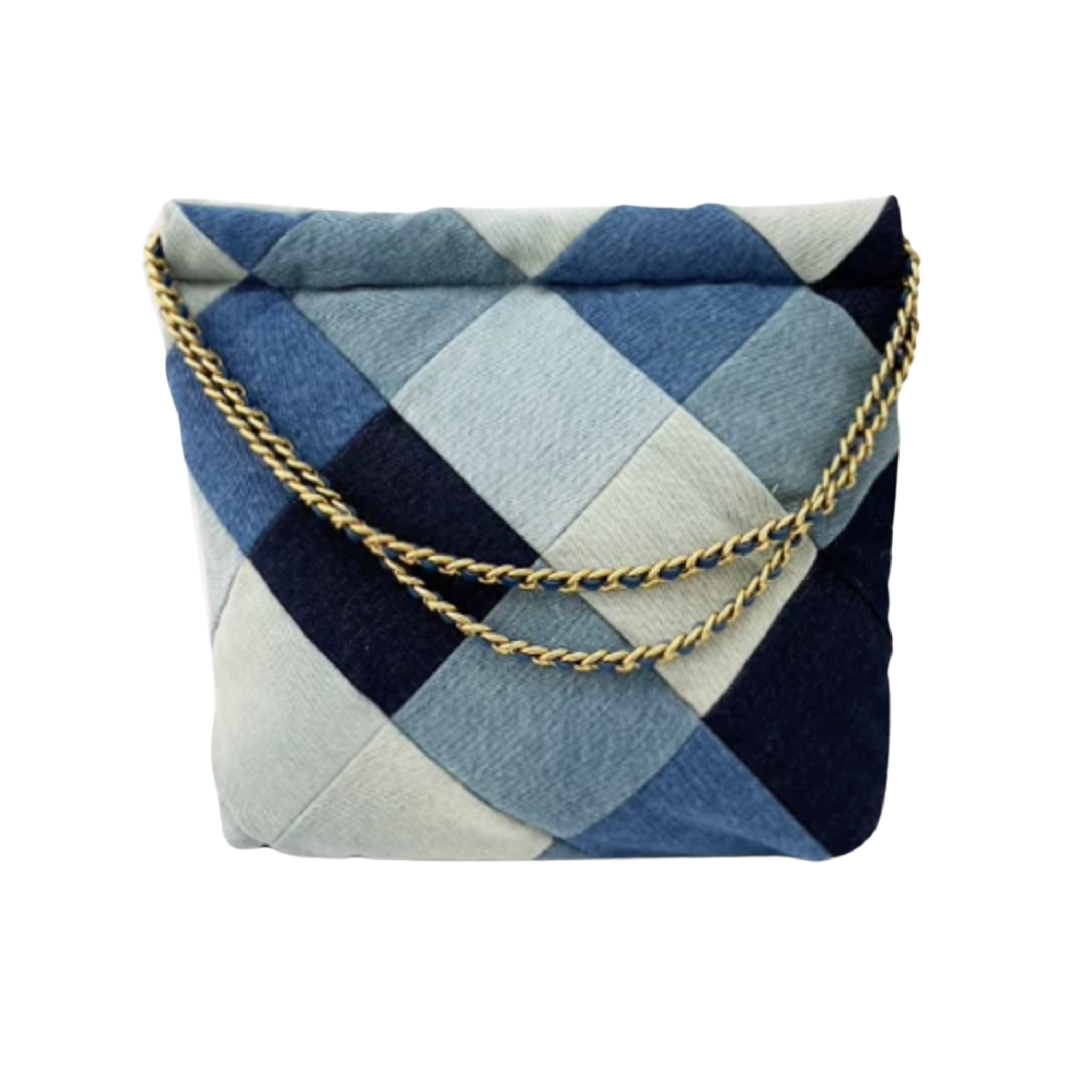 Patchwork clutch bag with a gold chain strap on a white background
