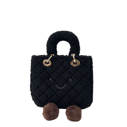 Black textured bag with fluffy handle and pom-poms on a white background, featuring the brand jellykin