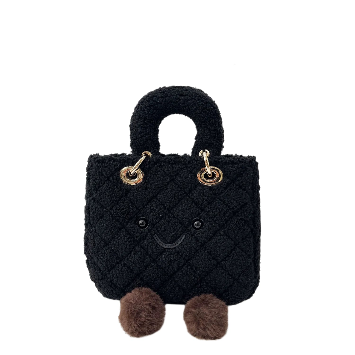 Black textured bag with fluffy handle and pom-poms on a white background, featuring the brand jellykin