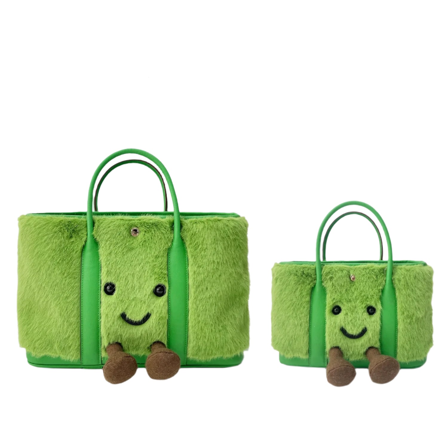 Two green plush bags with smiling faces on a white background, branded Jellykin