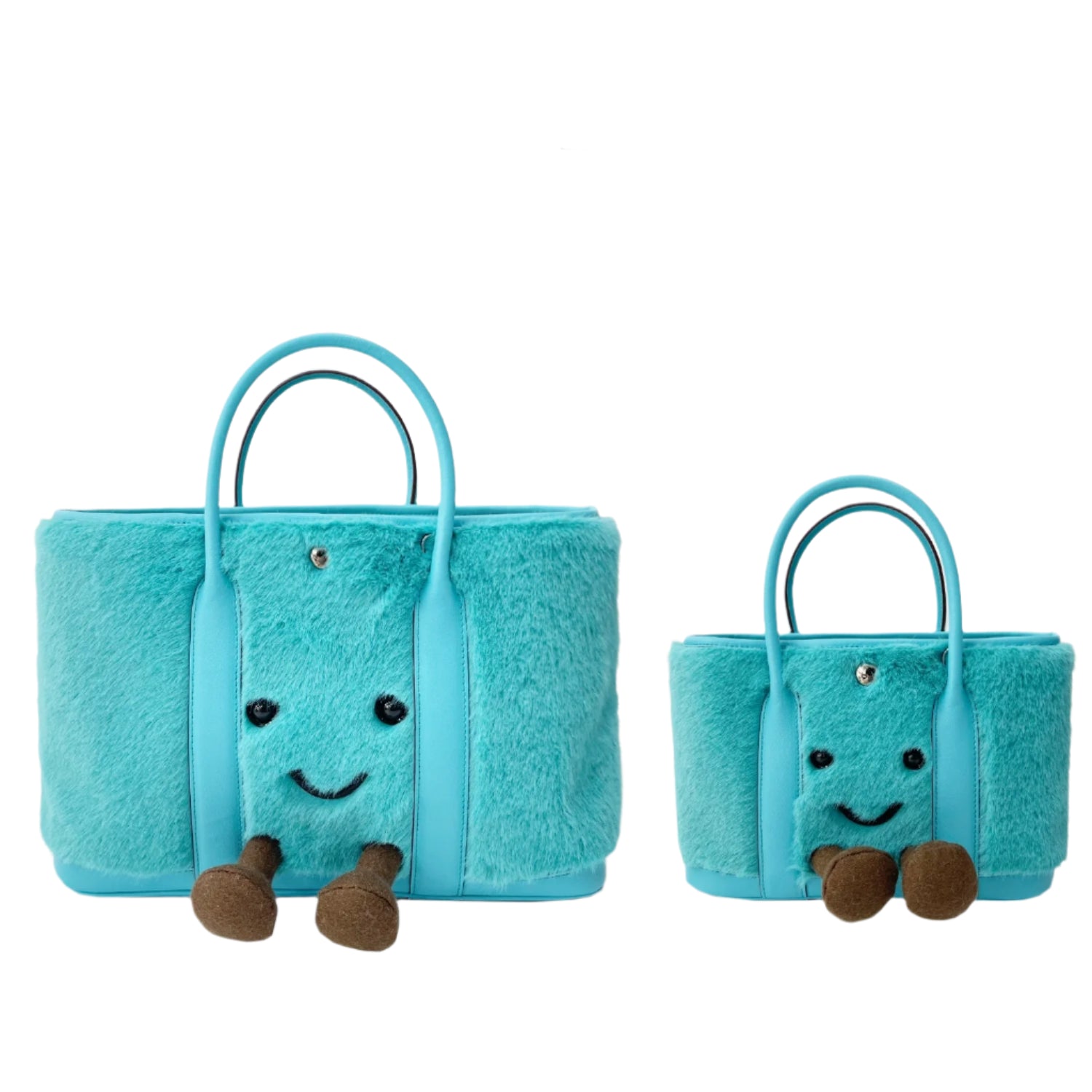 Two turquoise plush bags with faces and legs on a white background, featuring the brand Jellykin