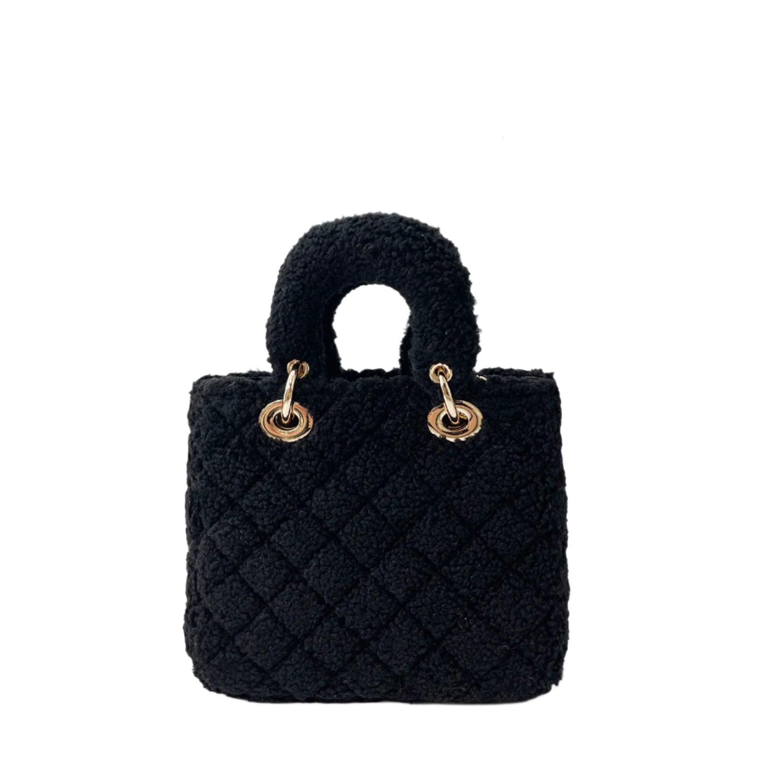 Black textured handbag with gold accents on a light gray background, featuring the brand jellykin